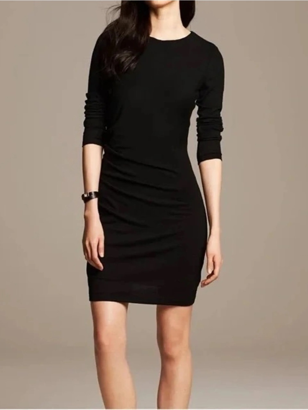 Banana Republic Tall Medium Black Long-Sleeve Ruched Knit Sheath Dress